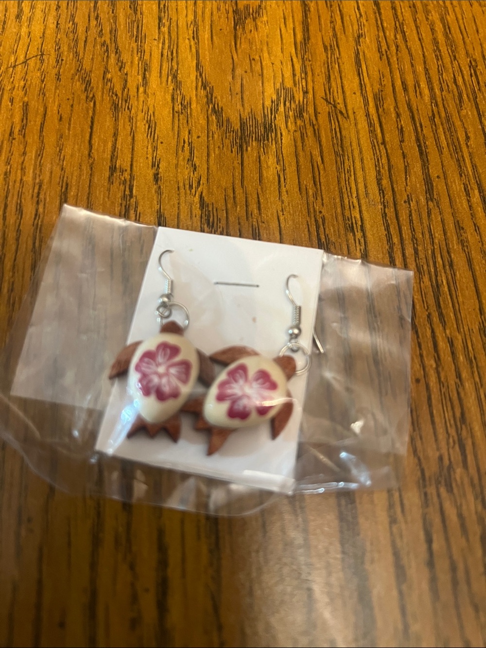Handmade Turtle Drop Earrings with Pink Floral Accent